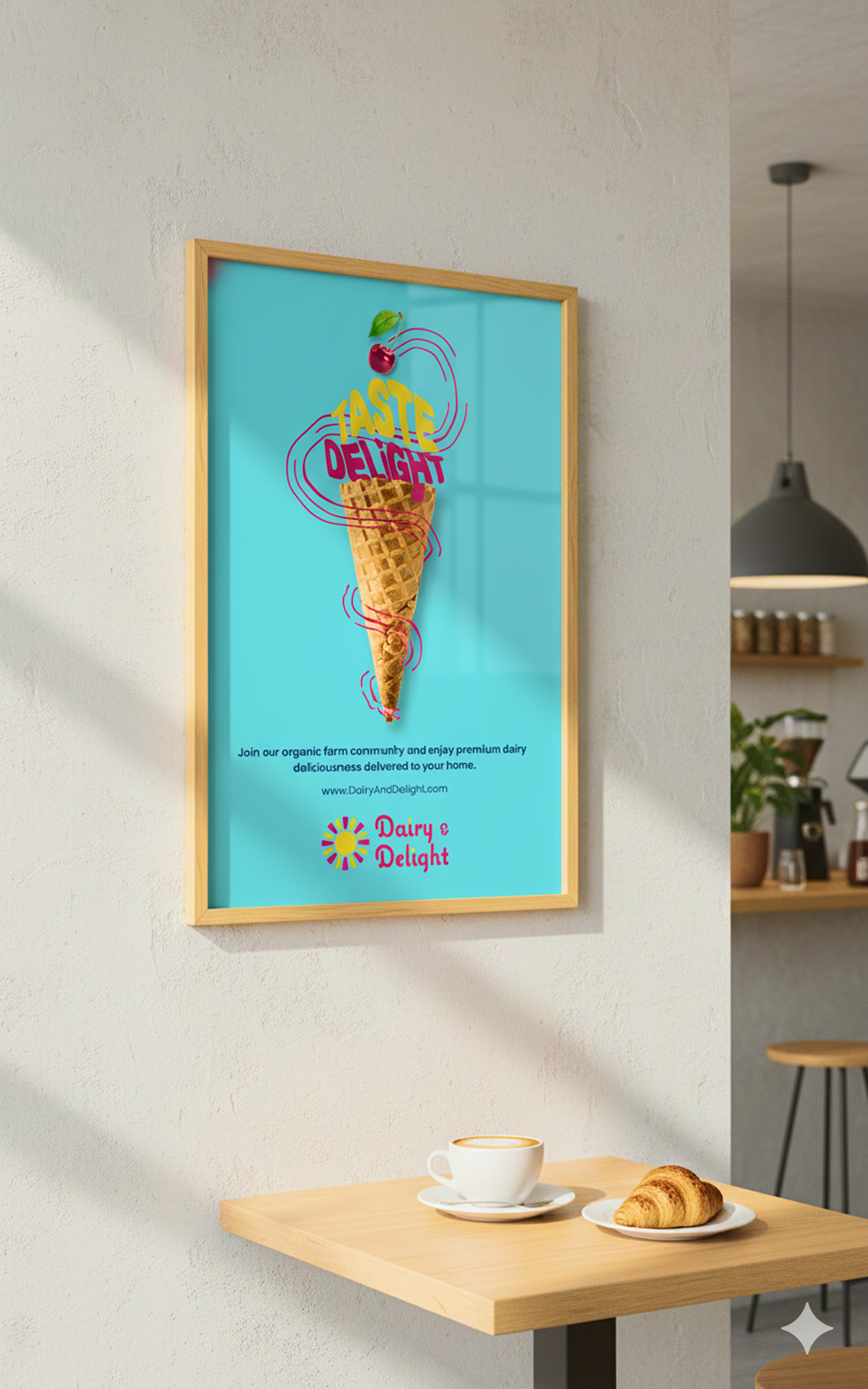 Poster in context — framed print in a cafe setting.