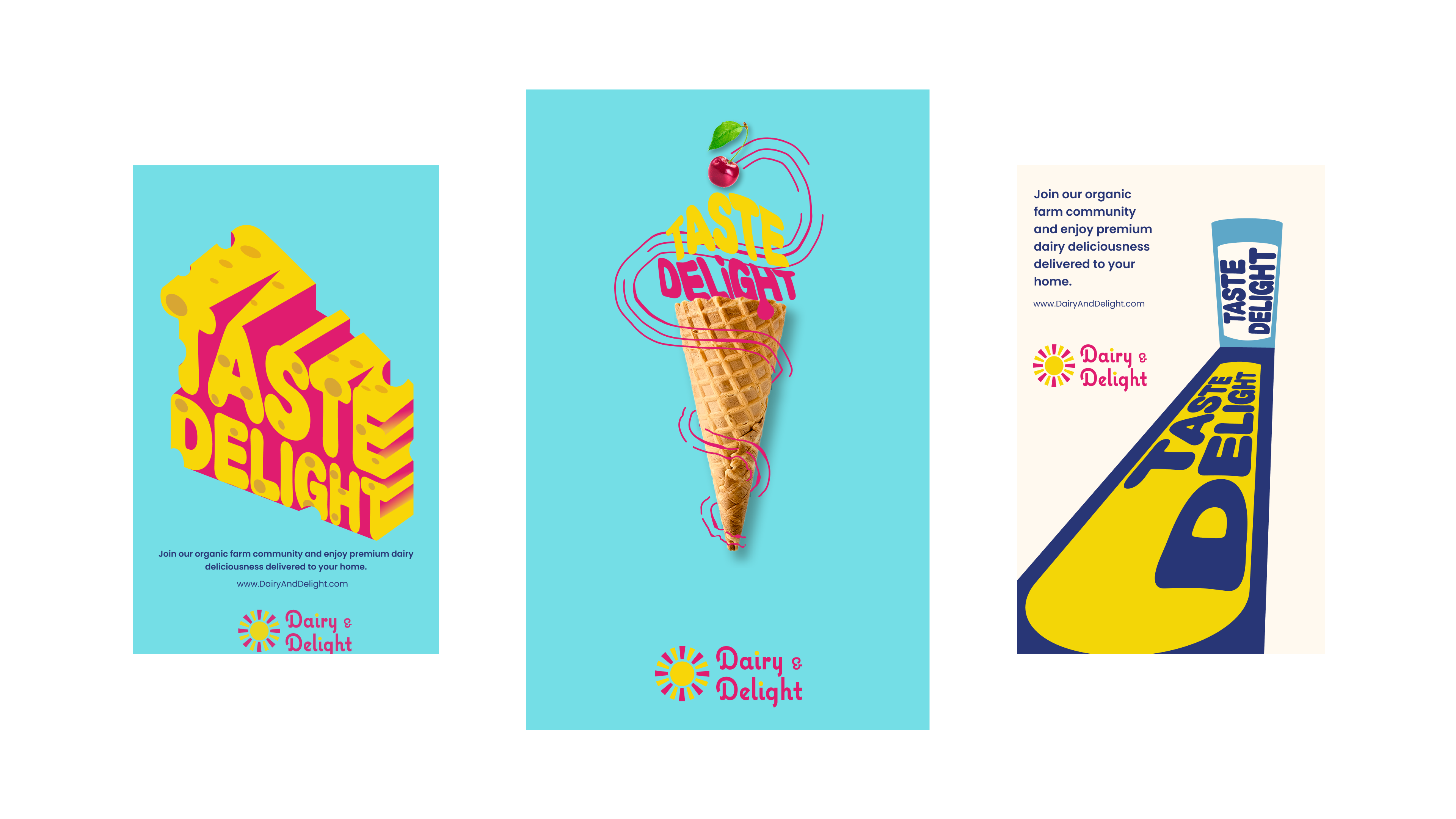 Three final poster designs — cheese text, ice cream cone, and diagonal type.