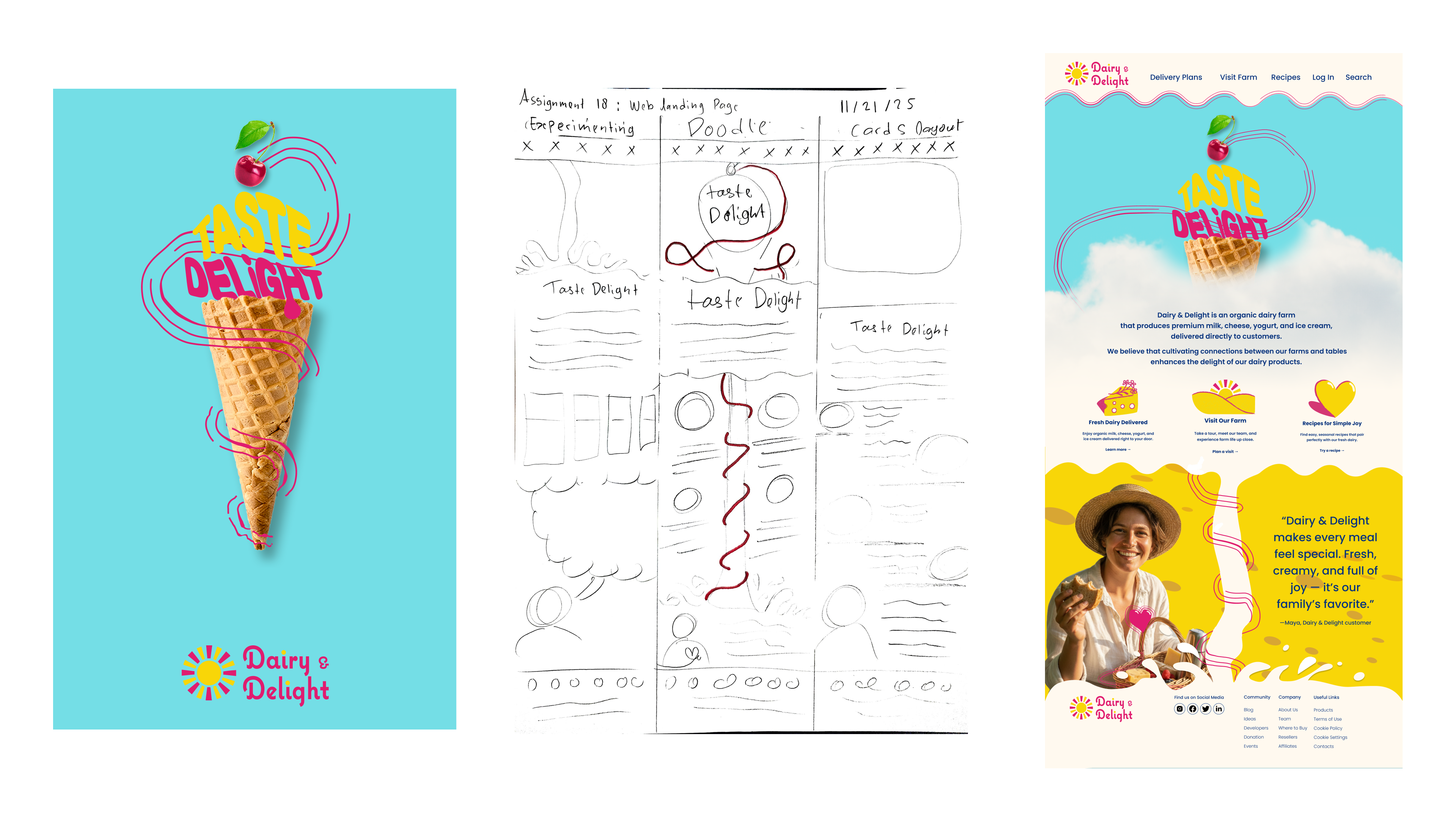 Landing page — layout sketches, poster reference, and full scroll mockup.