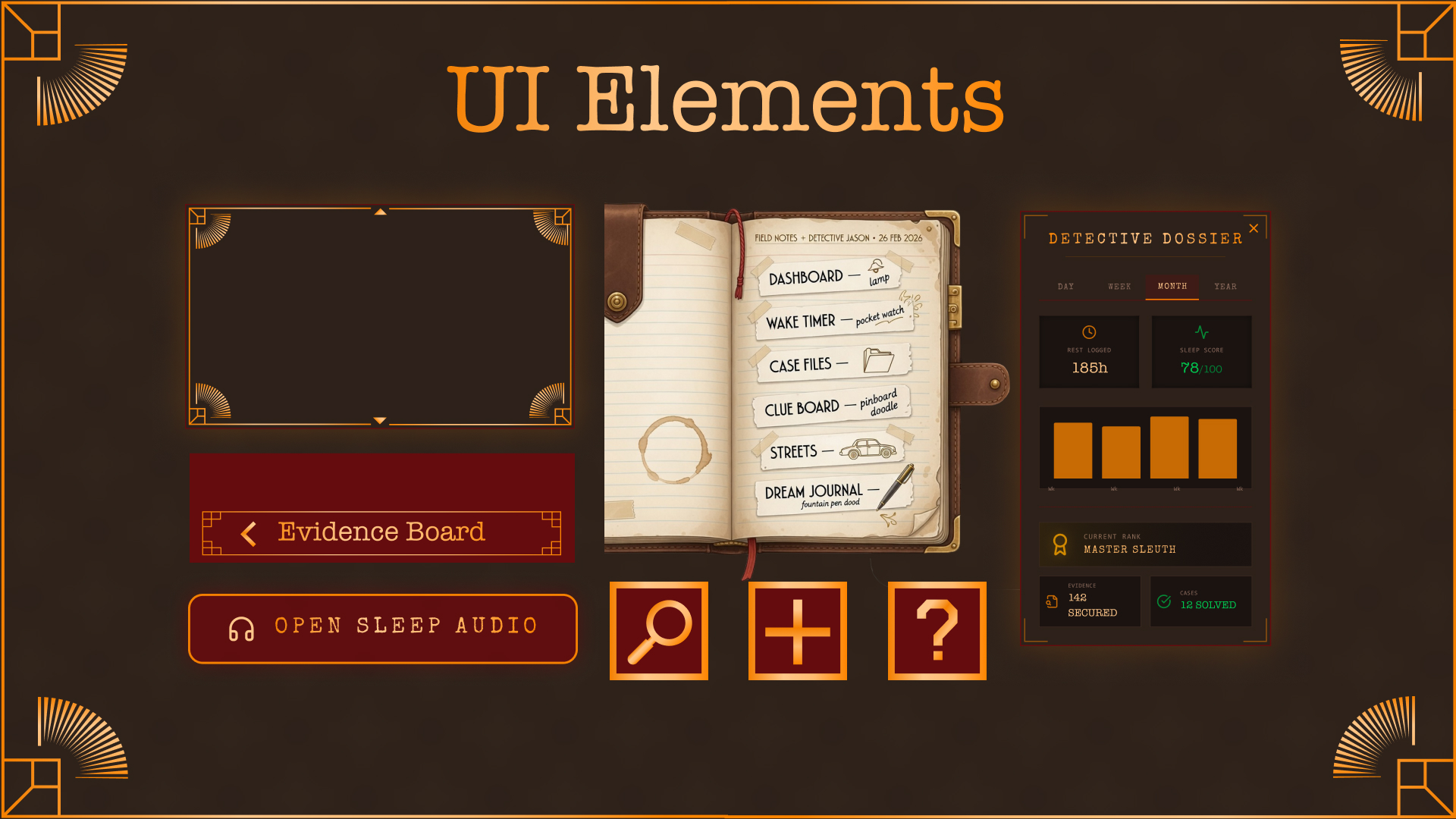 UI elements — card frames, navigation notebook, and Detective Dossier panel.