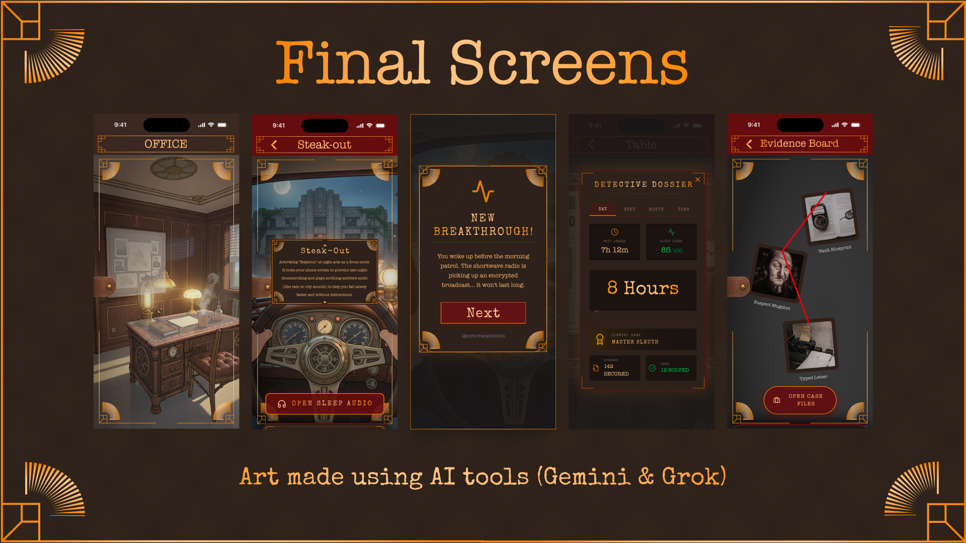 Final screens — Office, Stakeout, New Breakthrough, and Evidence Board.