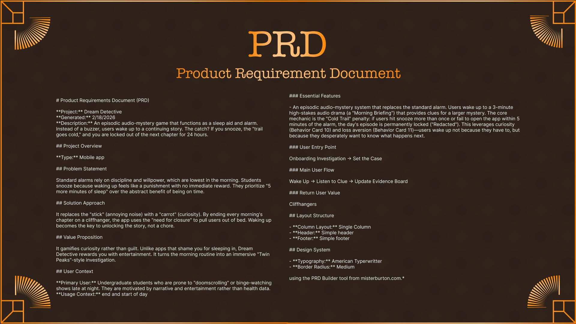 Product Requirement Document — problem, solution, and feature specs.