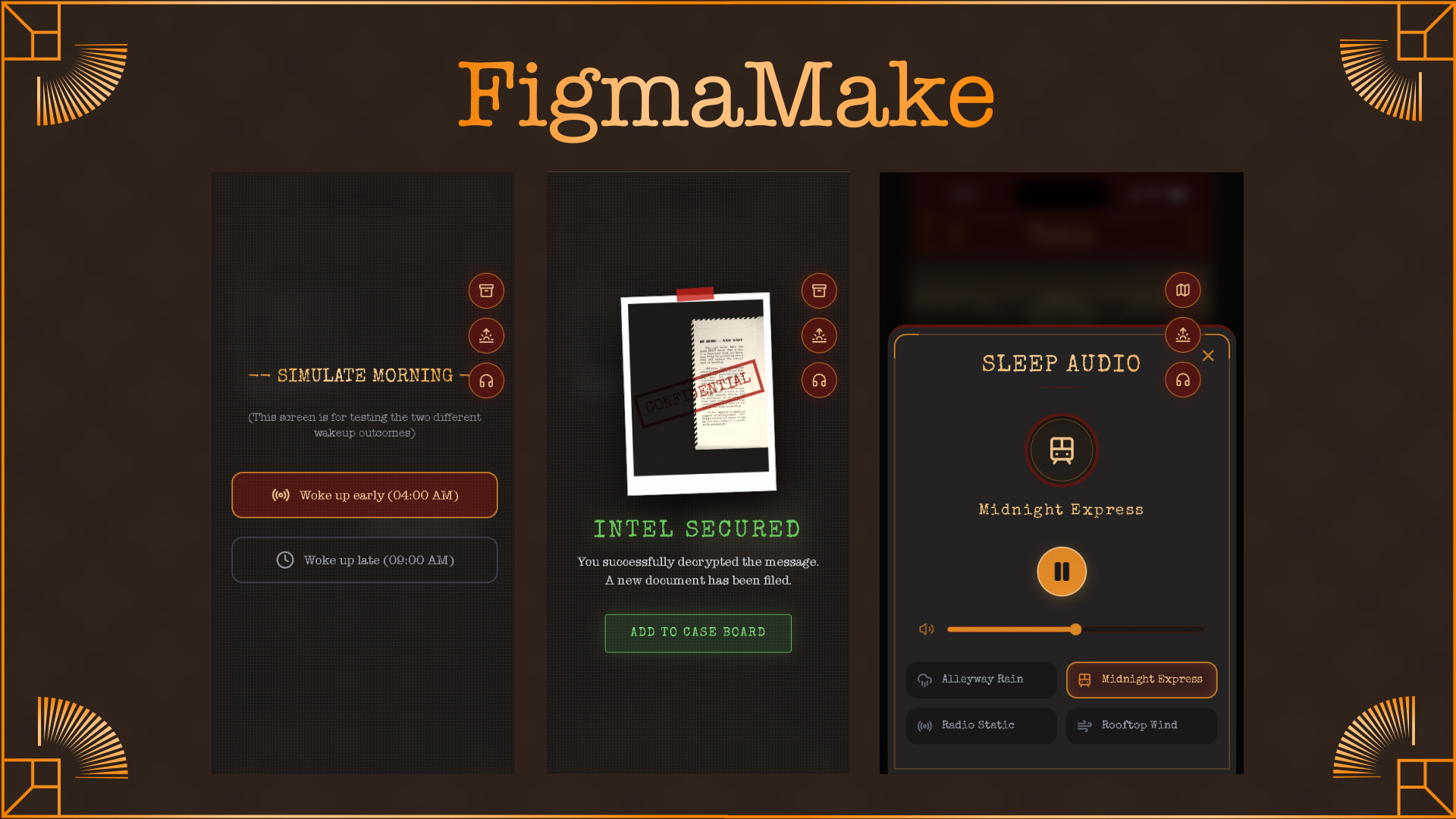FigmaMake explorations — Simulate Morning, Intel Secured, and Sleep Audio player.