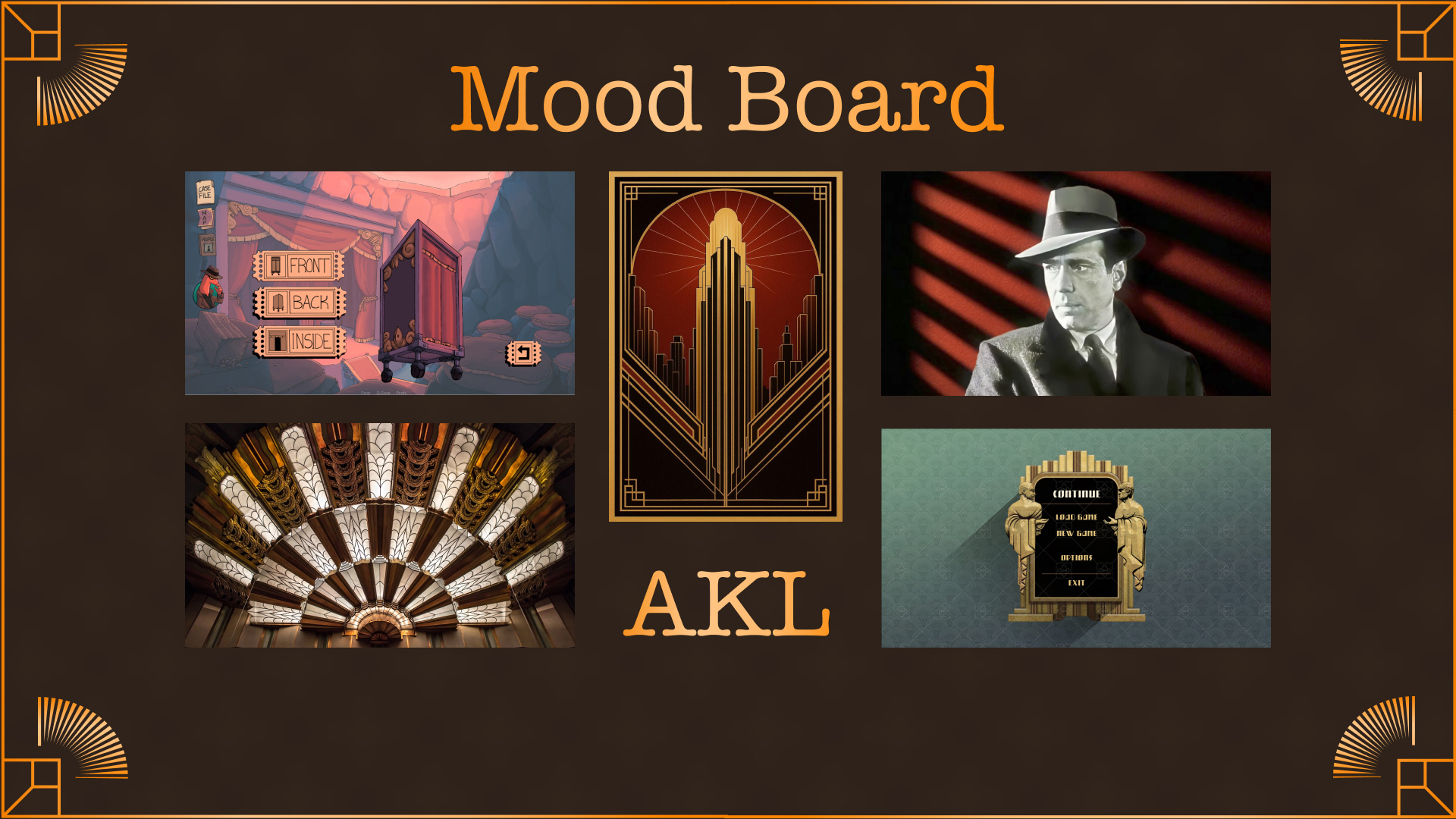Mood board — film noir, Art Deco, and adventure game references.