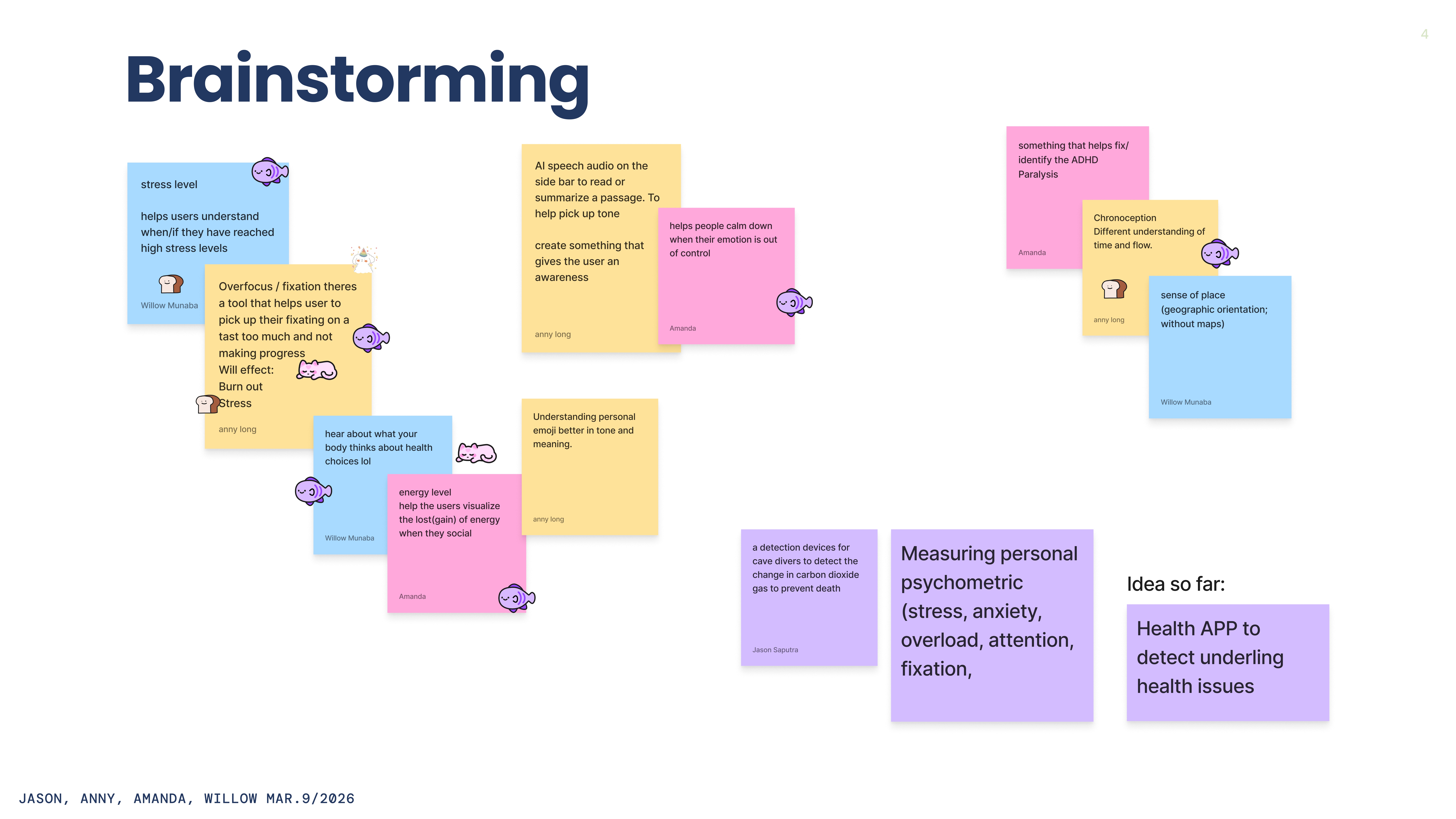 Brainstorming sticky notes — stress, energy, ADHD, interoception ideas.