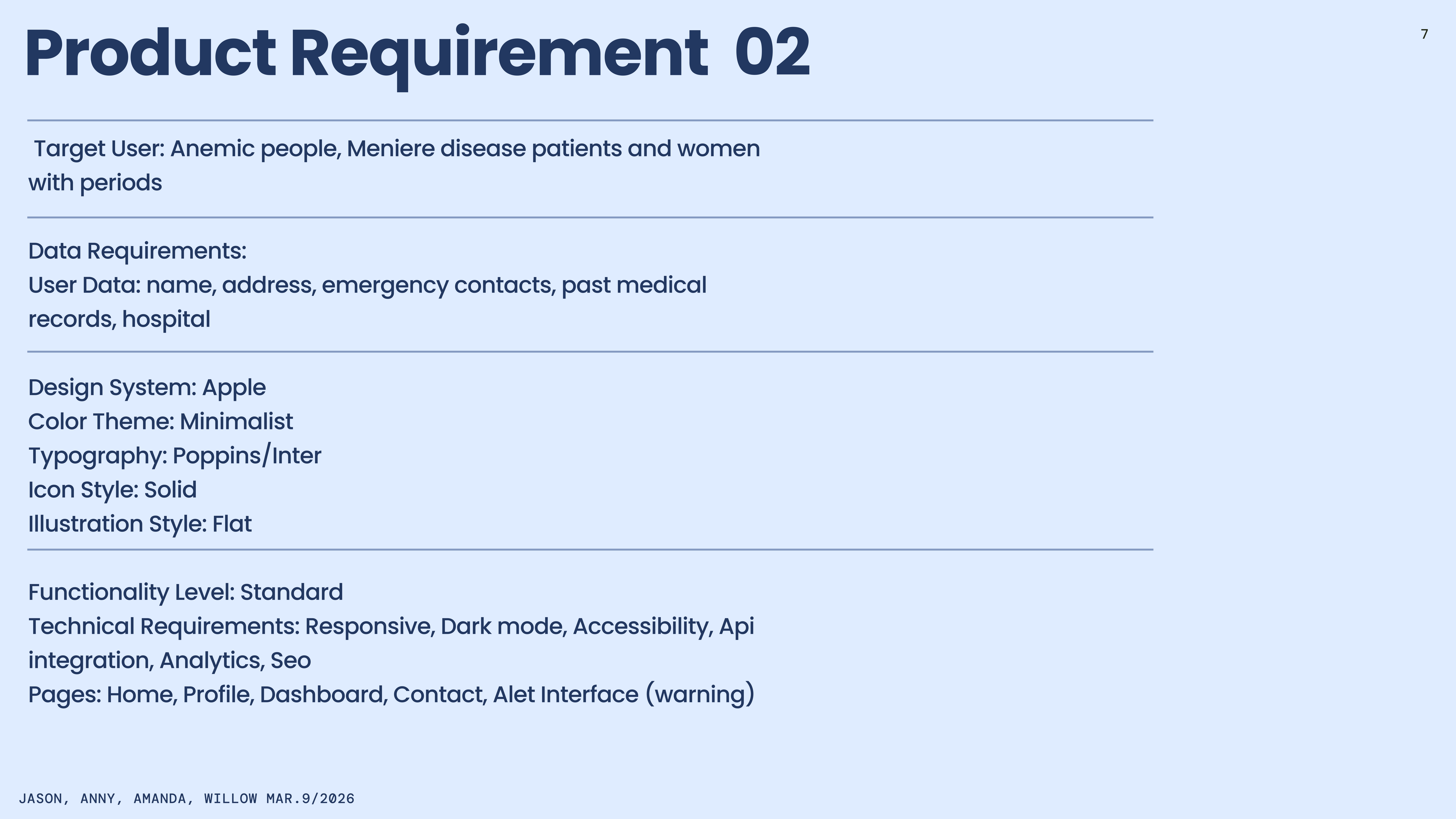 PRD — target users and design system specs.