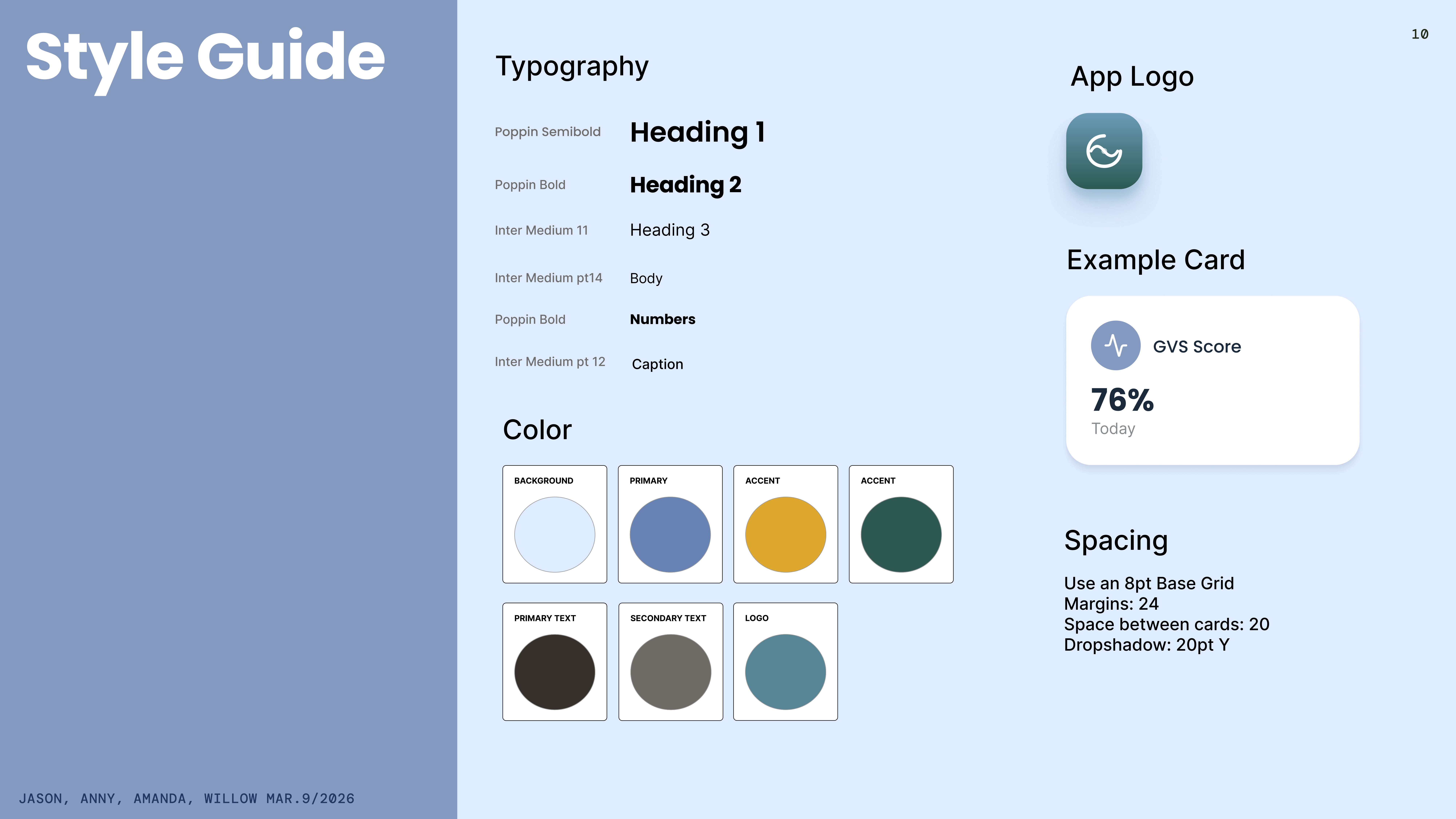 Style guide — typography, color palette, logo, and spacing system.