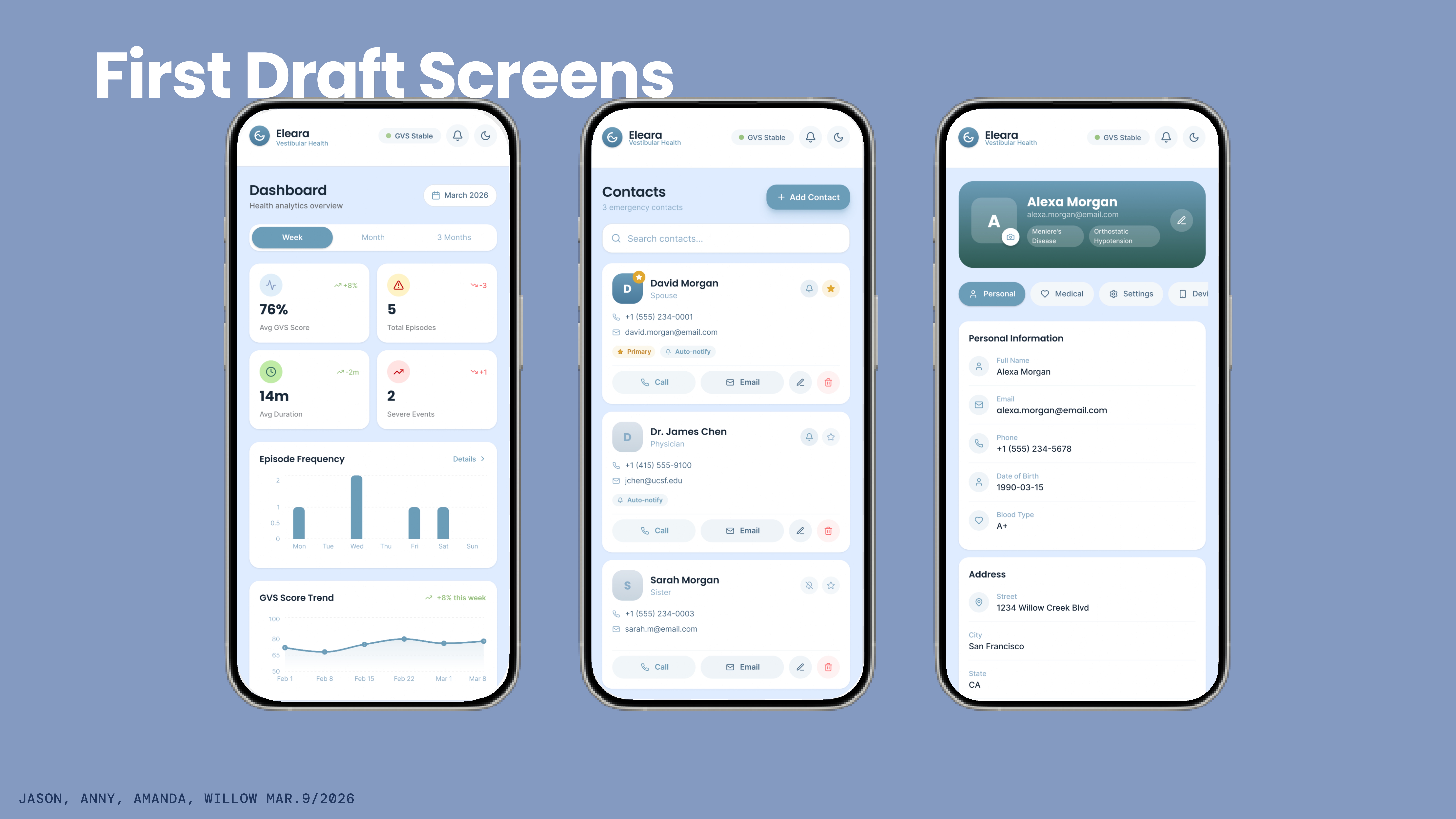 First draft screens — Dashboard, Contacts, and Profile.
