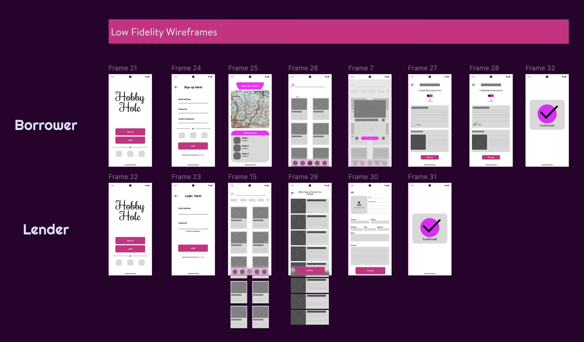 Low-fidelity wireframes — core screens and navigation.