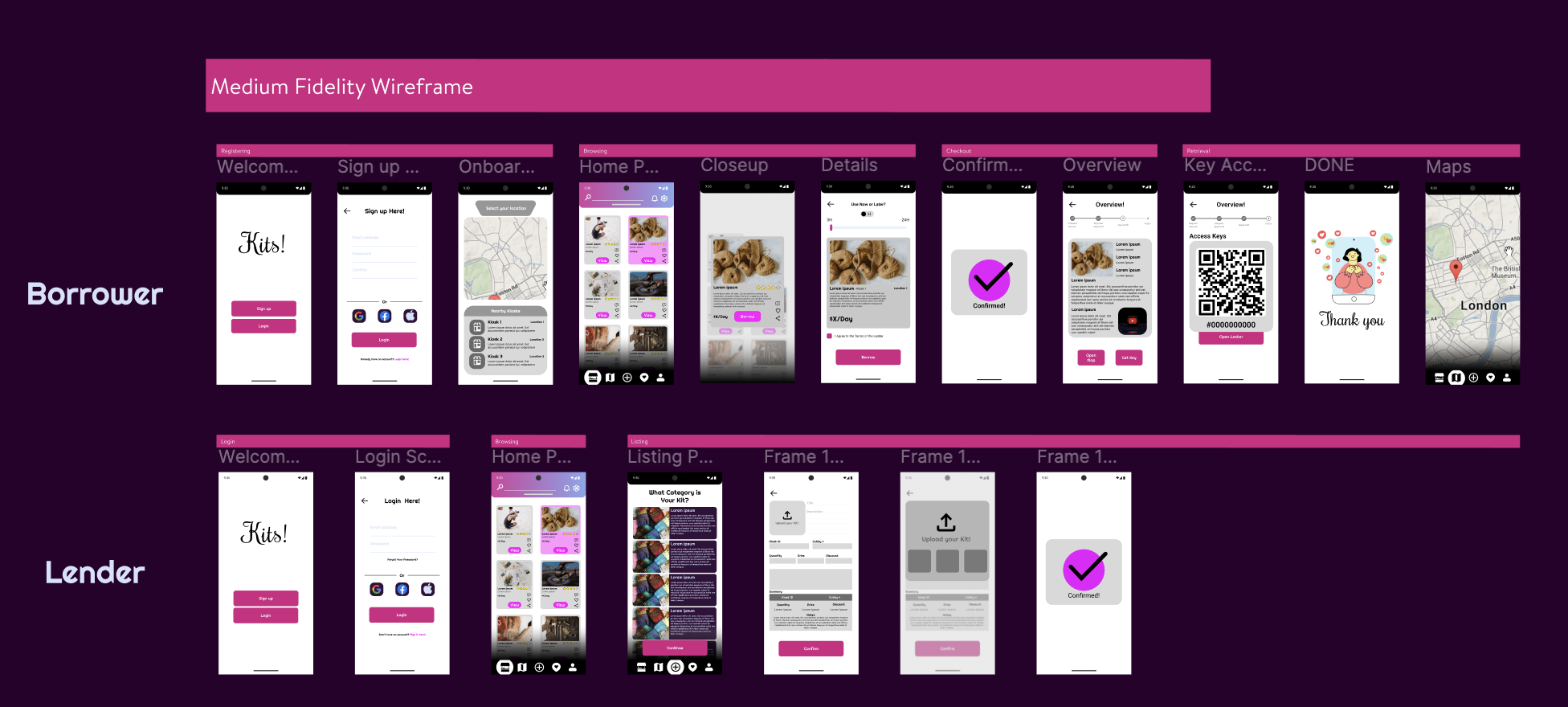 Medium-fidelity wireframes — layout and component structure.